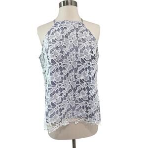 Adiva Lace Overlay Floral Blue White Stripe Preppy Halter Neck Tie Back Tank Top